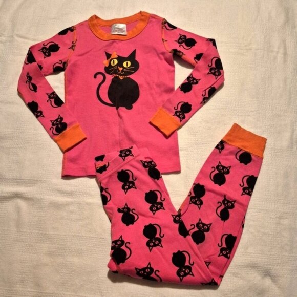 Hanna Andersson girls size 110 or 5 pink & orange cat pajama set play cond holes - Picture 1 of 9